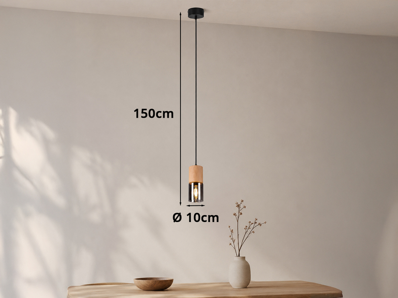 Kleine Pendelleuchte YELLE 1-flammig Lampenschirm Holz & Rauchglas, Ø 10cm