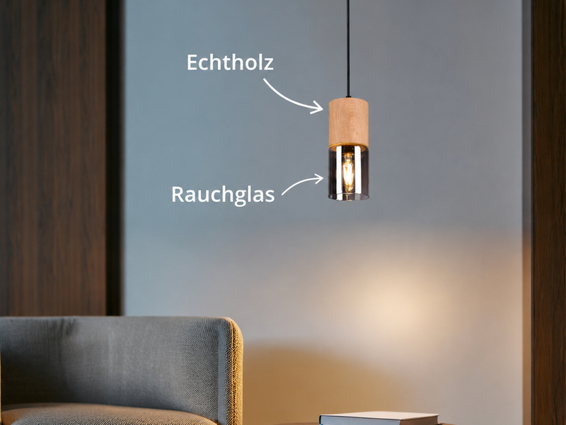 Kleine Pendelleuchte YELLE 1-flammig Lampenschirm Holz & Rauchglas, Ø 10cm