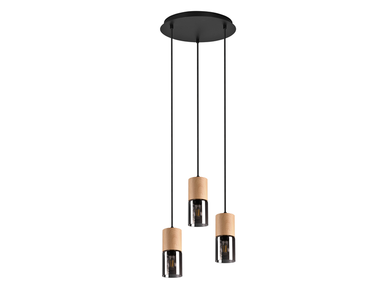 Cluster Pendelleuchte YELLE 3-flammig Lampenschirme Holz & Rauchglas Ø 37cm
