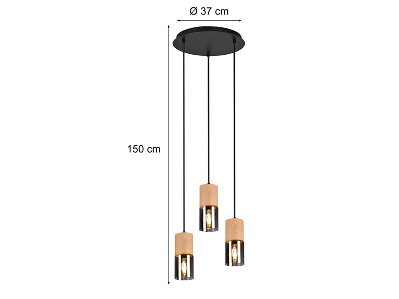 Pendelleuchte YELLE 3-flammig Lampenschirme Holz & Rauchglas Ø 37cm