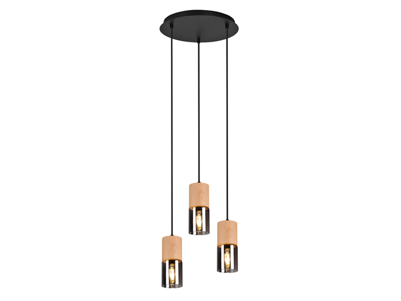 Cluster Pendelleuchte YELLE 3-flammig Lampenschirme Holz & Rauchglas Ø 37cm