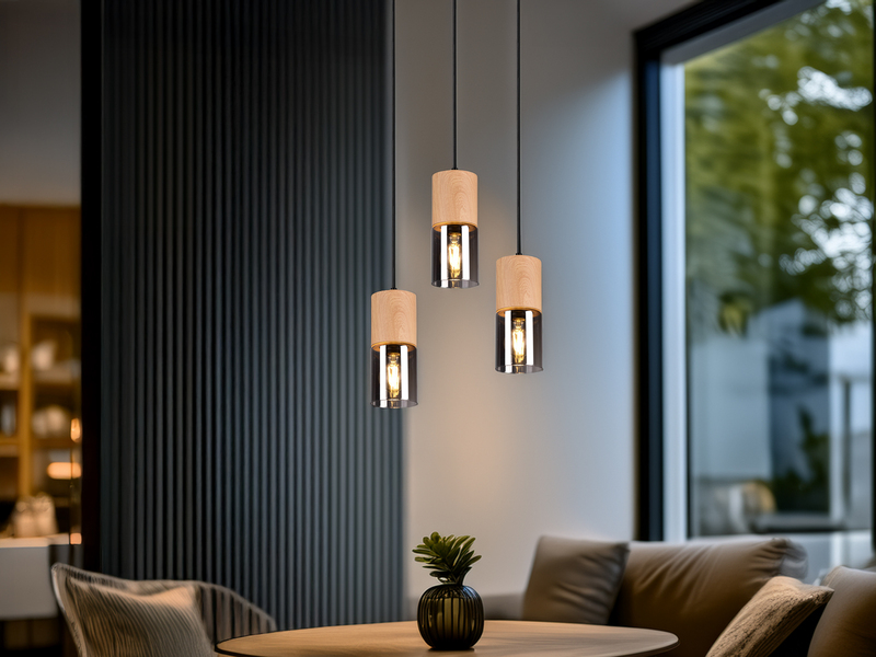 Cluster Pendelleuchte YELLE 3-flammig Lampenschirme Holz & Rauchglas Ø 37cm