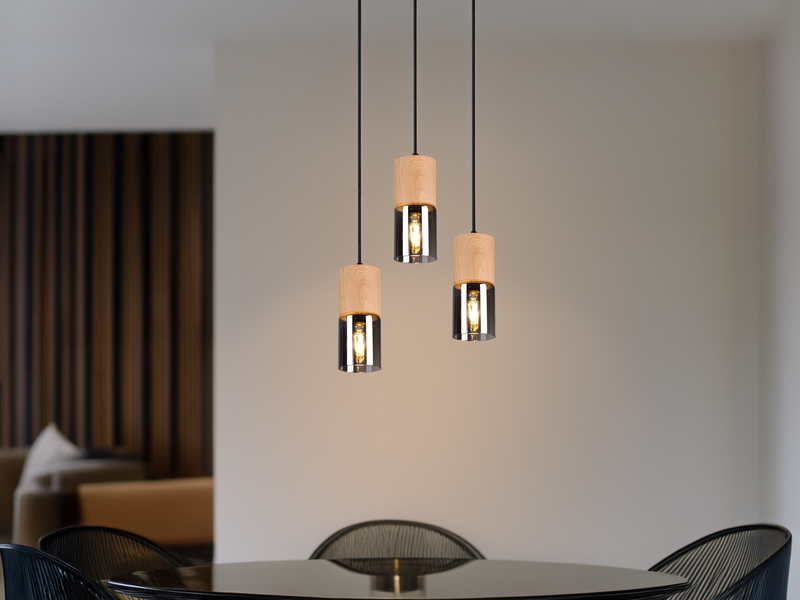 Cluster Pendelleuchte YELLE 3-flammig Lampenschirme Holz & Rauchglas Ø 37cm
