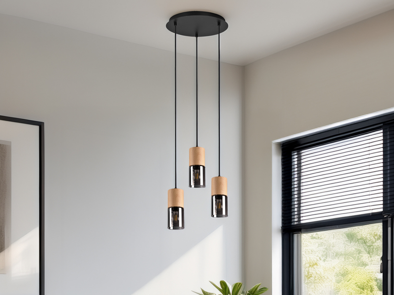 Pendelleuchte YELLE 3-flammig Lampenschirme Holz & Rauchglas Ø 37cm