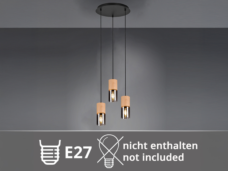 Cluster Pendelleuchte YELLE 3-flammig Lampenschirme Holz & Rauchglas Ø 37cm