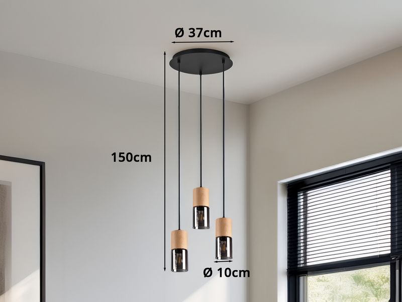 Cluster Pendelleuchte YELLE 3-flammig Lampenschirme Holz & Rauchglas Ø 37cm