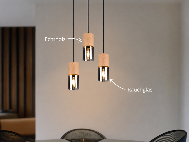 Cluster Pendelleuchte YELLE 3-flammig Lampenschirme Holz & Rauchglas Ø 37cm