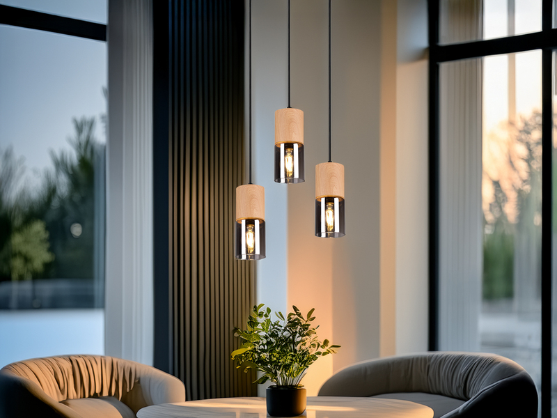 Cluster Pendelleuchte YELLE 3-flammig Lampenschirme Holz & Rauchglas Ø 37cm