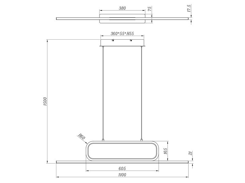 Puristische LED Pendelleuchte AICK dimmbar, Breite 110cm, Silber