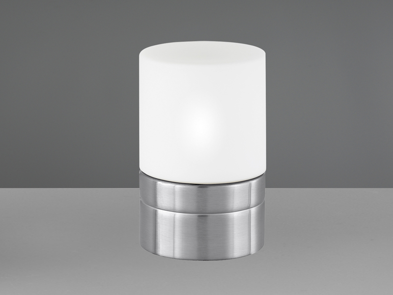 Kleine LED Tischleuchte per touch dimmbar, Silber mit Glasschirm, Höhe 15cm