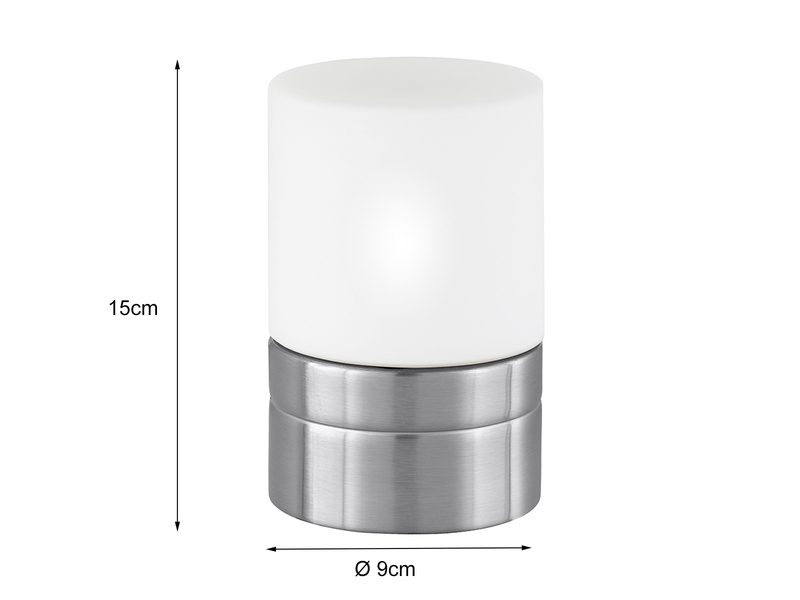 Kleine LED Tischleuchte per touch dimmbar, Silber mit Glasschirm, Höhe 15cm