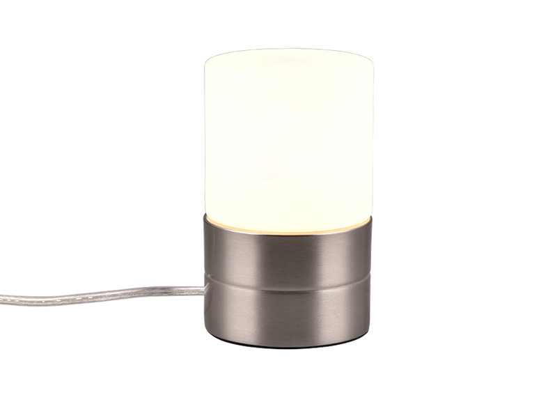 Kleine LED Tischleuchte per touch dimmbar, Silber mit Glasschirm, Höhe 15cm