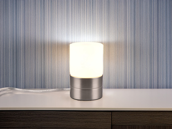 Kleine LED Tischleuchte per touch dimmbar, Silber mit Glasschirm, Höhe 15cm