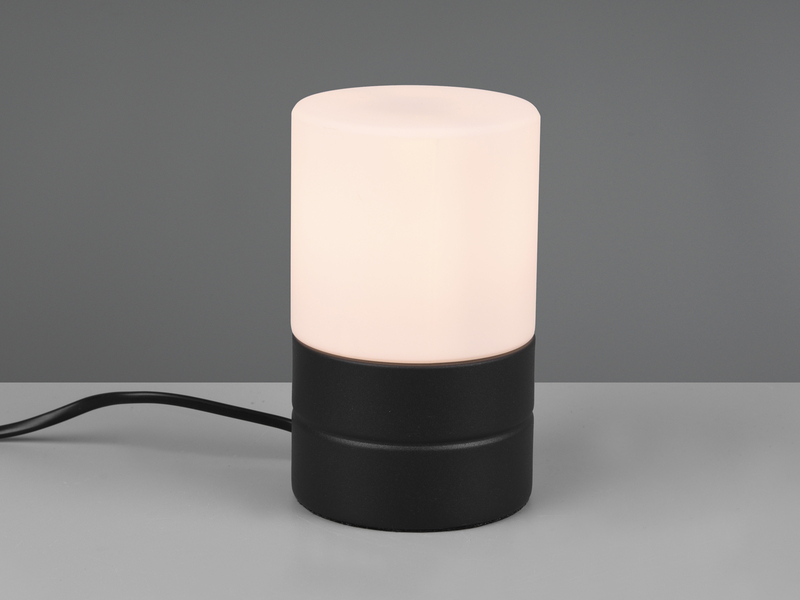 Kleine LED Tischleuchte per touch dimmbar, Schwarz mit Glasschirm, Höhe 15cm