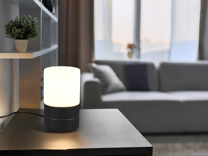 Kleine LED Tischleuchte per touch dimmbar, Schwarz mit Glasschirm, Höhe 15cm