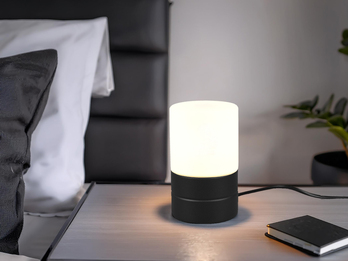 Kleine LED Tischleuchte per touch dimmbar, Schwarz mit Glasschirm, Höhe 15cm