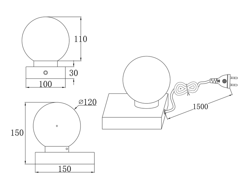 LED Tischleuchte Glaskugel Weiß Sockel Silber - Touch dimmbar, Ø 12cm