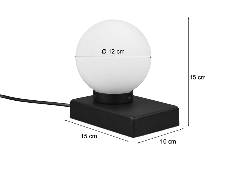 LED Tischleuchte Glaskugel Weiß Sockel Schwarz - Touch dimmbar, Ø 12cm