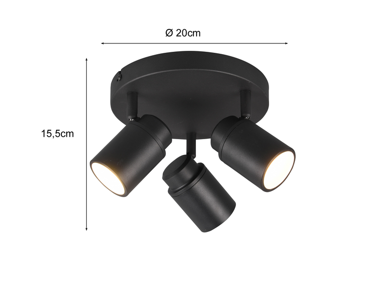 Deckenstrahler Badezimmerlampe Schwarz 3-flammig Ø 20cm inkl. GU10 LED