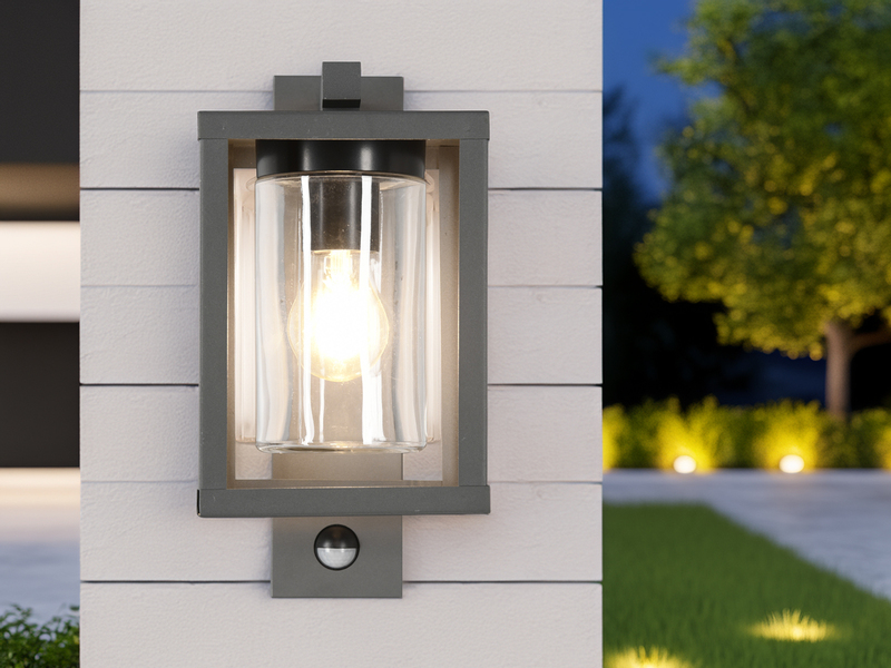 LED Außenwandleuchte mit Bewegungsmelder, Laternenoptik, Höhe 33cm, Anthrazit