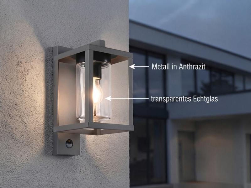 Außenwandleuchte mit Bewegungsmelder & E27 LED Laterne Anthrazit, Höhe 33cm