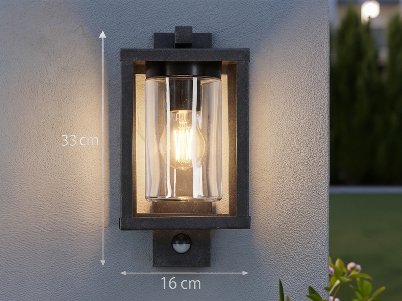 Außenwandleuchte mit Bewegungsmelder & E27 LED Laterne Anthrazit, Höhe 33cm