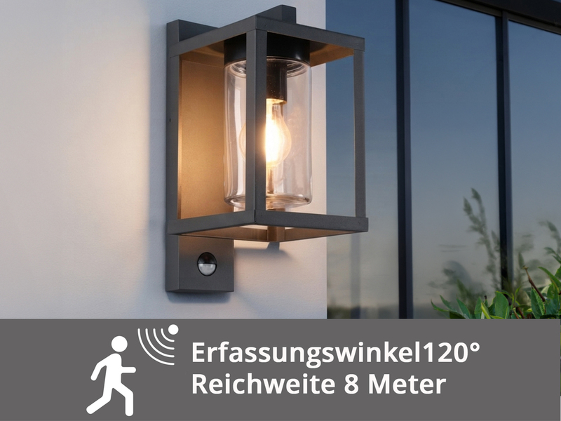 Außenwandleuchte mit Bewegungsmelder & E27 LED Laterne Anthrazit, Höhe 33cm