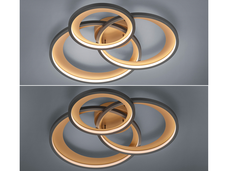 Große LED Deckenleuchte GRANADA 3 Ringe Schwarz Gold, dimmbar, Breite 71,5cm