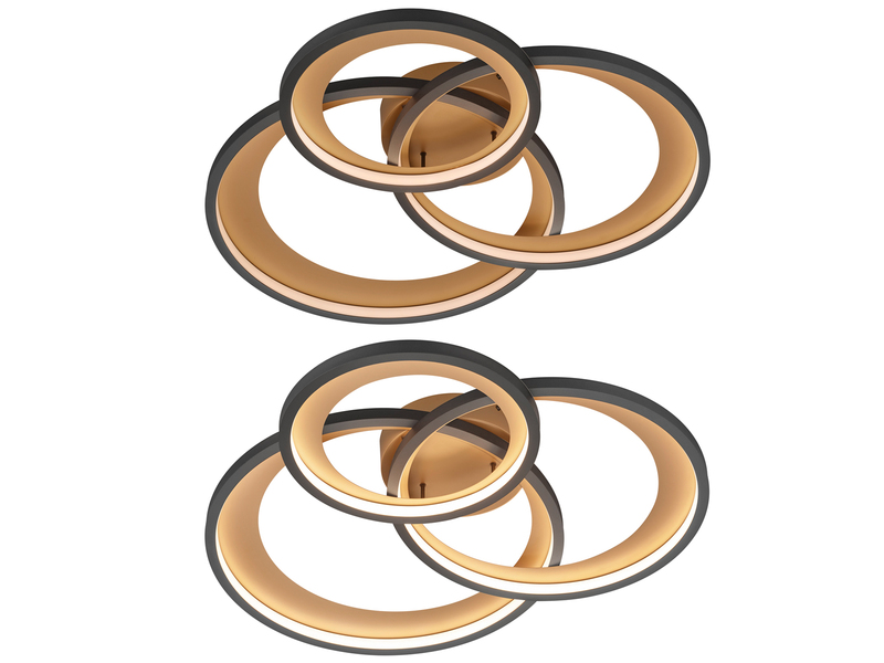 Große LED Deckenleuchte GRANADA 3 Ringe Schwarz Gold, dimmbar, Breite 71,5cm