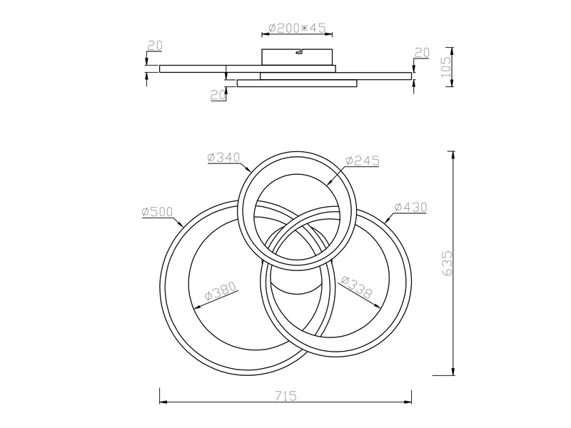 Große LED Deckenleuchte GRANADA 3 Ringe Schwarz Gold, dimmbar, Breite 71,5cm