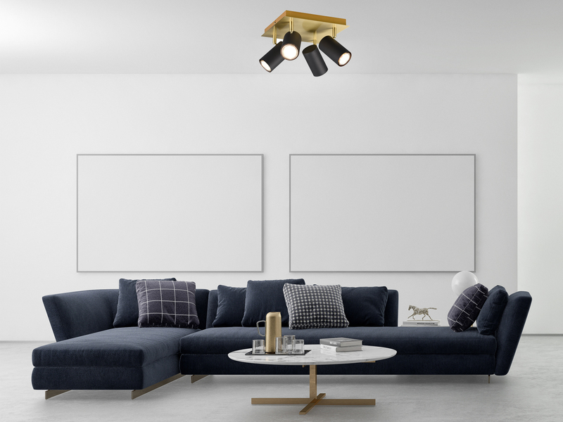 Deckenstrahler Schwarz Gold 4-flammig, mit GU10 LED, Quadrat 24cm