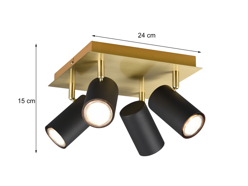 Deckenstrahler Schwarz Gold 4-flammig, mit GU10 LED, Quadrat 24cm