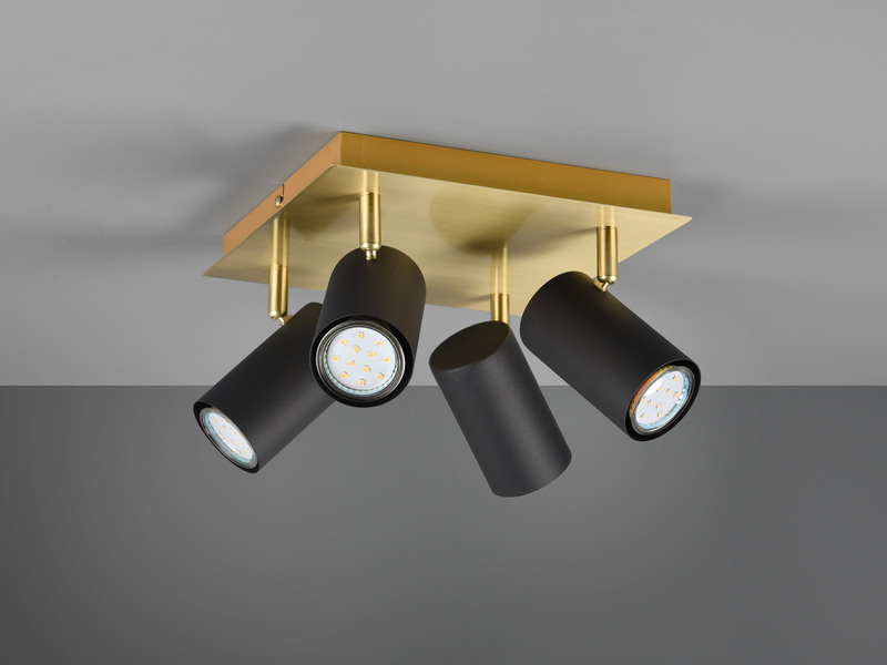 Deckenstrahler Schwarz Gold 4-flammig, mit GU10 LED, Quadrat 24cm