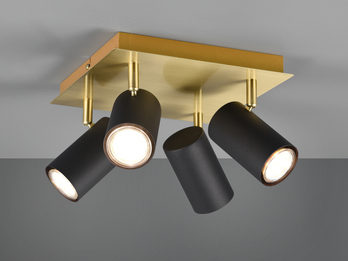 Deckenstrahler Schwarz Gold 4-flammig, mit GU10 LED, Quadrat 24cm