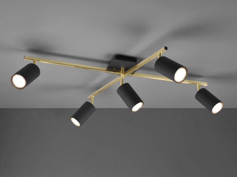 LED Deckenstrahler in Schwarz-Gold 5-flammig Arm & Spots schwenkbar