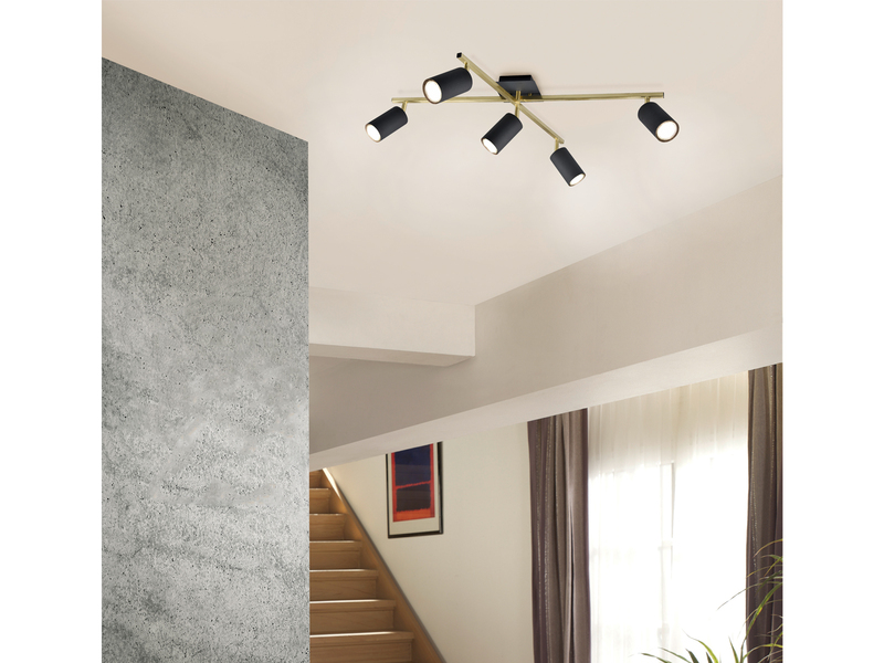 Deckenstrahler Schwarz Gold 5-flammig, schwenkbar mit GU10 LED, Breite 77,5cm