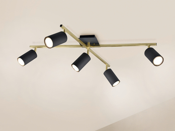 Deckenstrahler Schwarz Gold 5-flammig, schwenkbar mit GU10 LED, Breite 77,5cm