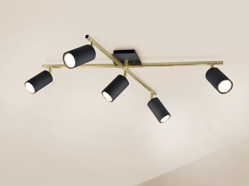 Deckenstrahler Schwarz Gold 5-flammig, schwenkbar mit GU10 LED, Breite 77,5cm