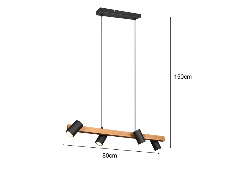 Holzbalken Pendelleuchte MARLEY 4-flammig Schwarz, Breite 80cm