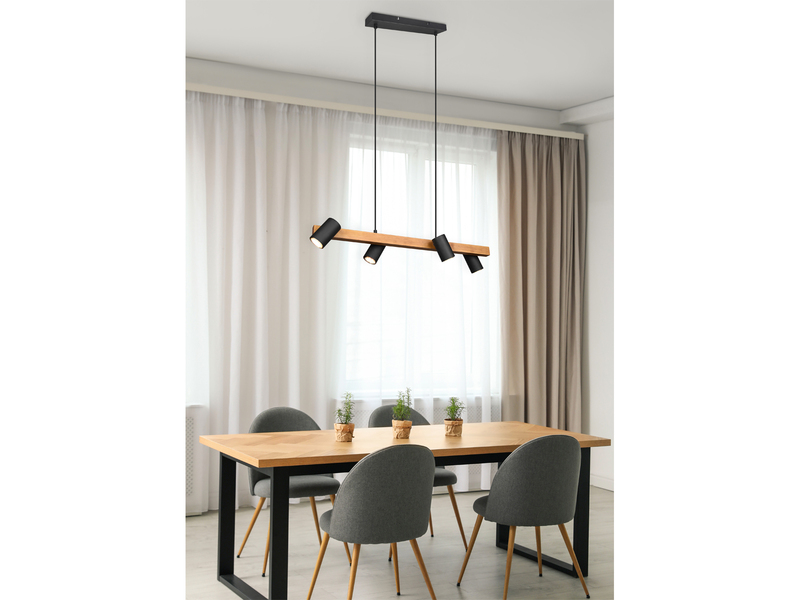 Pendelleuchte MARLEY mit Holzbalken & 4 schwenkbaren Spots, Breite 80cm