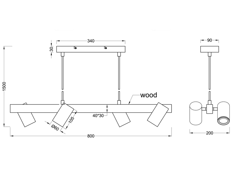 LED Balken Pendelleuchte 4 flammig Weiß mit Holzbalken Breite 80cm