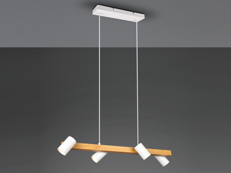 LED Balken Pendelleuchte 4 flammig Weiß mit Holzbalken Breite 80cm