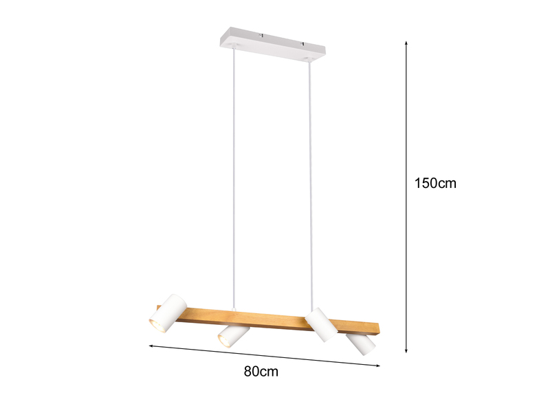 LED Balken Pendelleuchte 4 flammig Weiß mit Holzbalken Breite 80cm