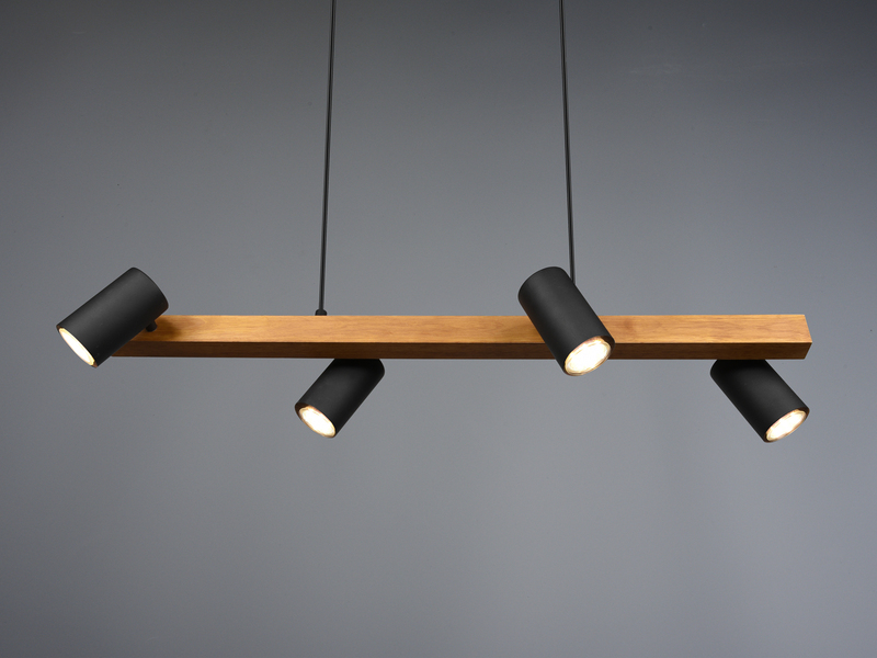 Pendelleuchte mit Holzbalken & 4 schwenkbaren Spots, Breite 80cm inkl. GU10 LED
