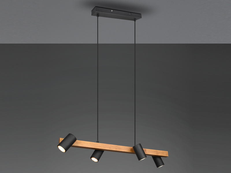 Pendelleuchte mit Holzbalken & 4 schwenkbaren Spots, Breite 80cm inkl. GU10 LED