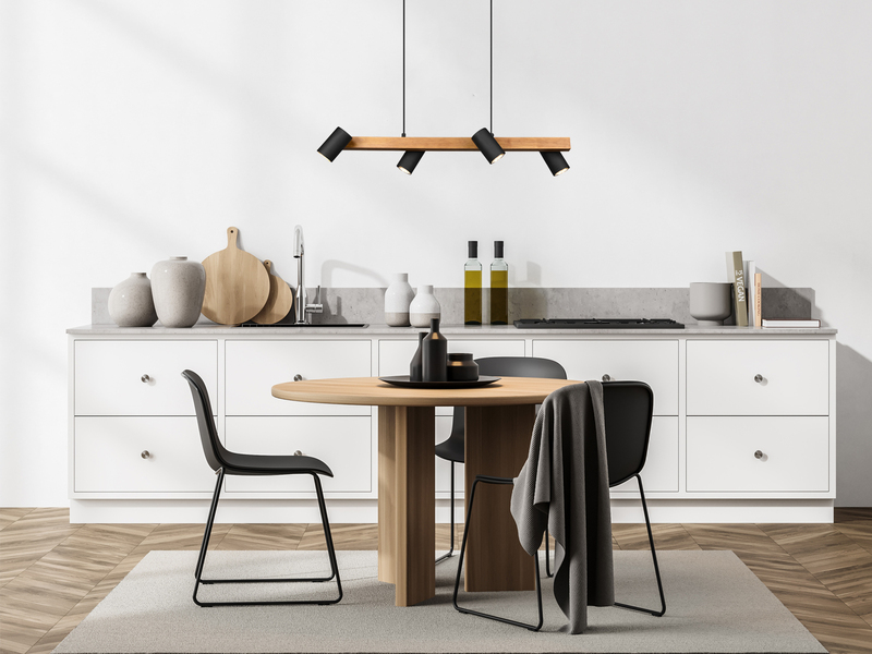 Pendelleuchte mit Holzbalken & 4 schwenkbaren Spots, Breite 80cm inkl. GU10 LED