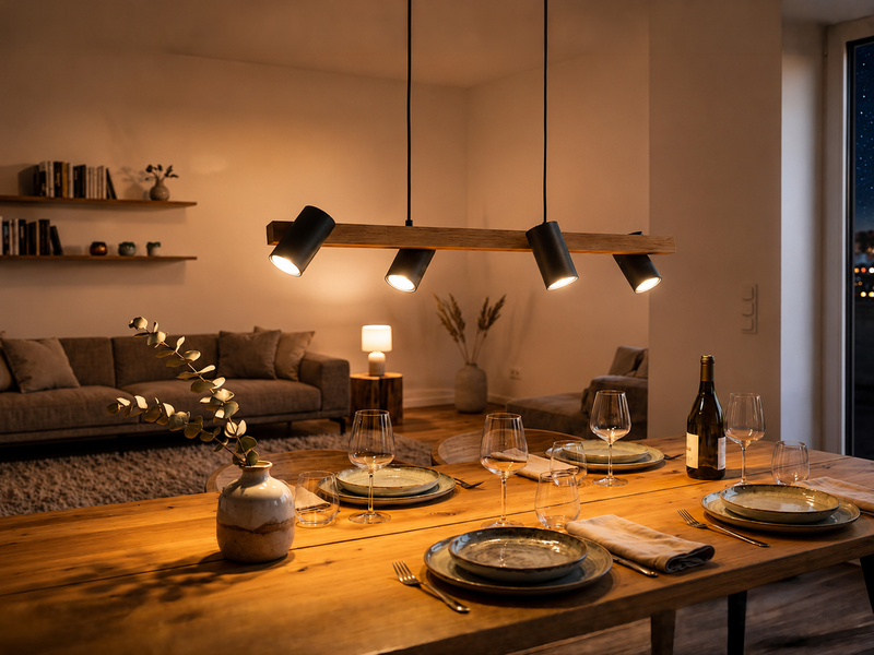 Pendelleuchte mit Holzbalken & 4 schwenkbaren Spots, Breite 80cm inkl. GU10 LED