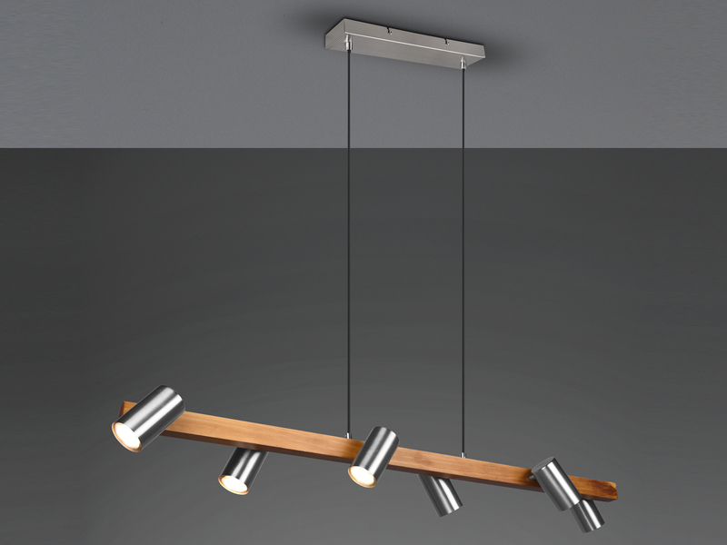 LED Balken Pendelleuchte 6 flammig Silber matt mit Holzbalken Breite 115cm