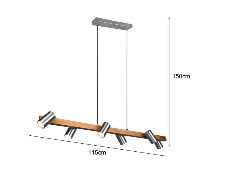 LED Balken Pendelleuchte 6 flammig Silber matt mit Holzbalken Breite 115cm