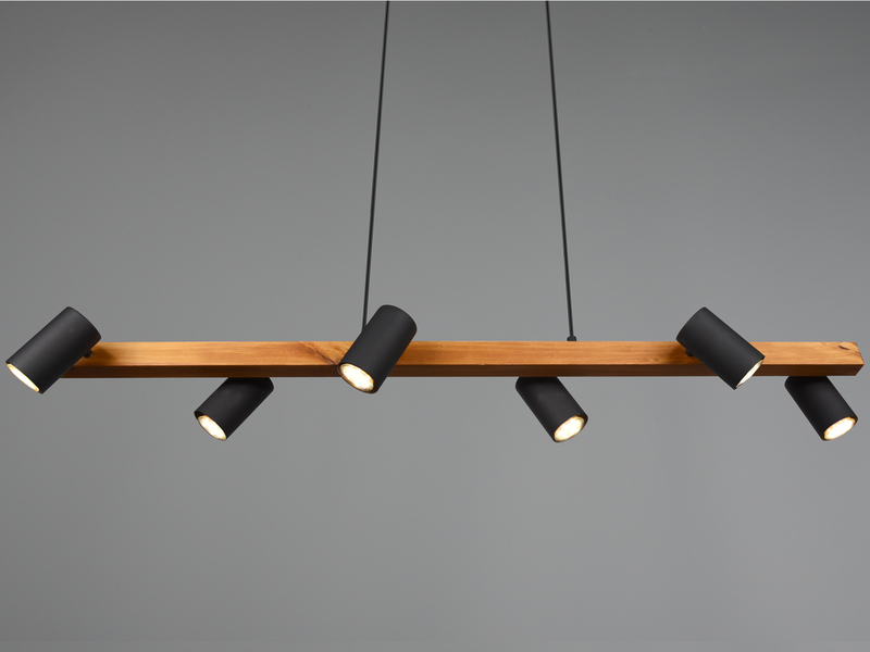Pendelleuchte mit Holzbalken, 6 schwenkbare Spots inkl. GU10 LED, Breite 115cm